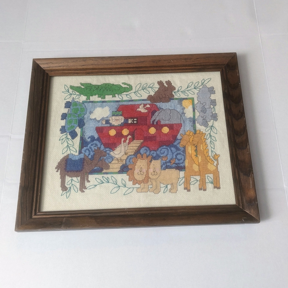 Vintage Framed Noah’s Ark Cross-Stitch Wall Art Size 13x16